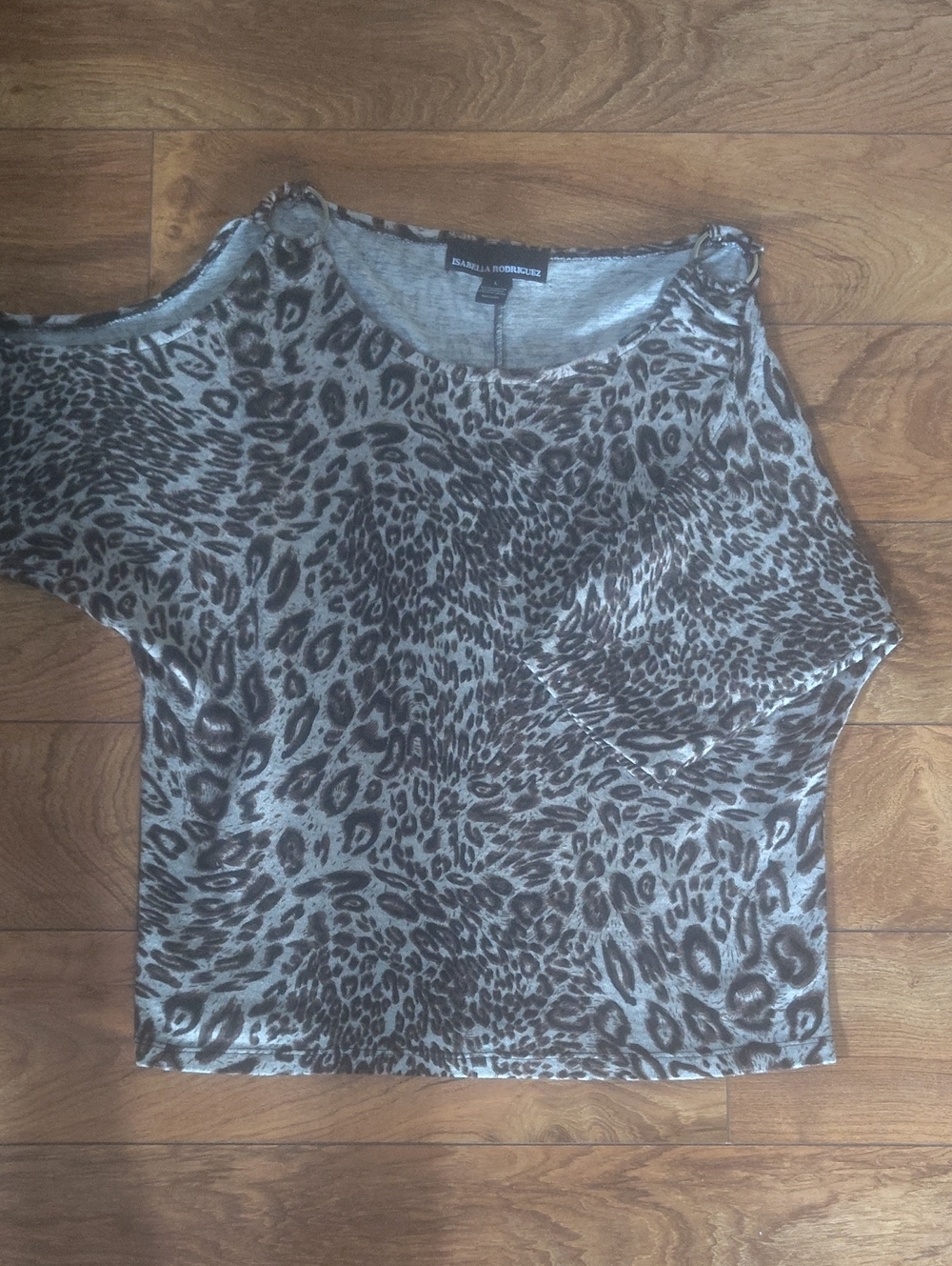 Y2K Animal Print Cutout Cold Shoulder Dolman Sleeve Knit Top Large Gray Brown - Picture 2 of 11